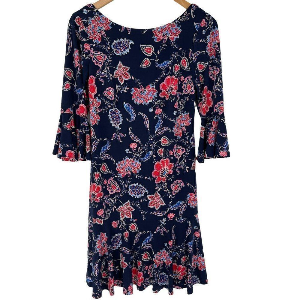 Eliza J Bell Sleeve Ruffle Hem Low Back Sheath Dress Above The Knee Size 4 Blue